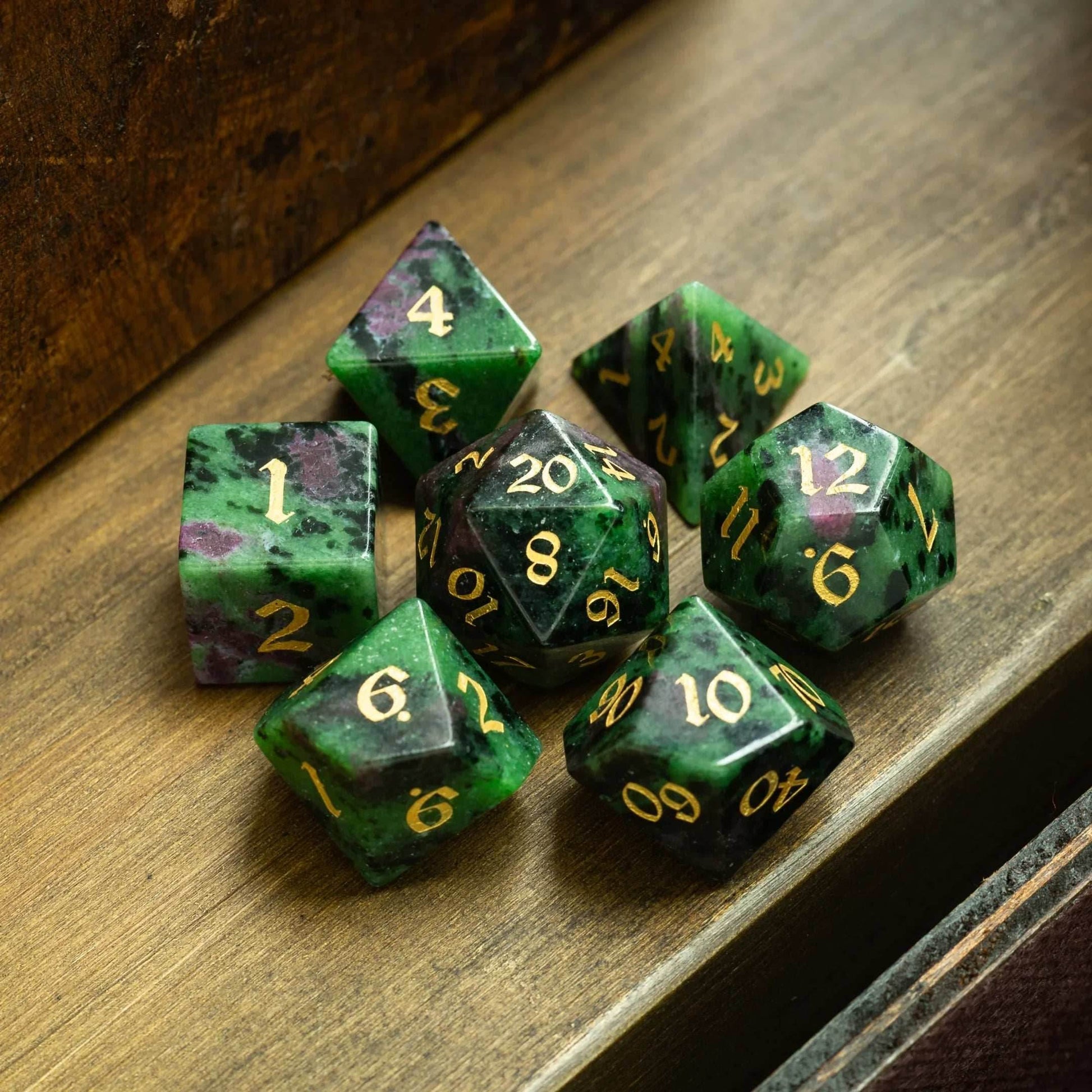 Zoisite Polyhedral Gemstone DND Dice Set - Full Set And Free Dice Box