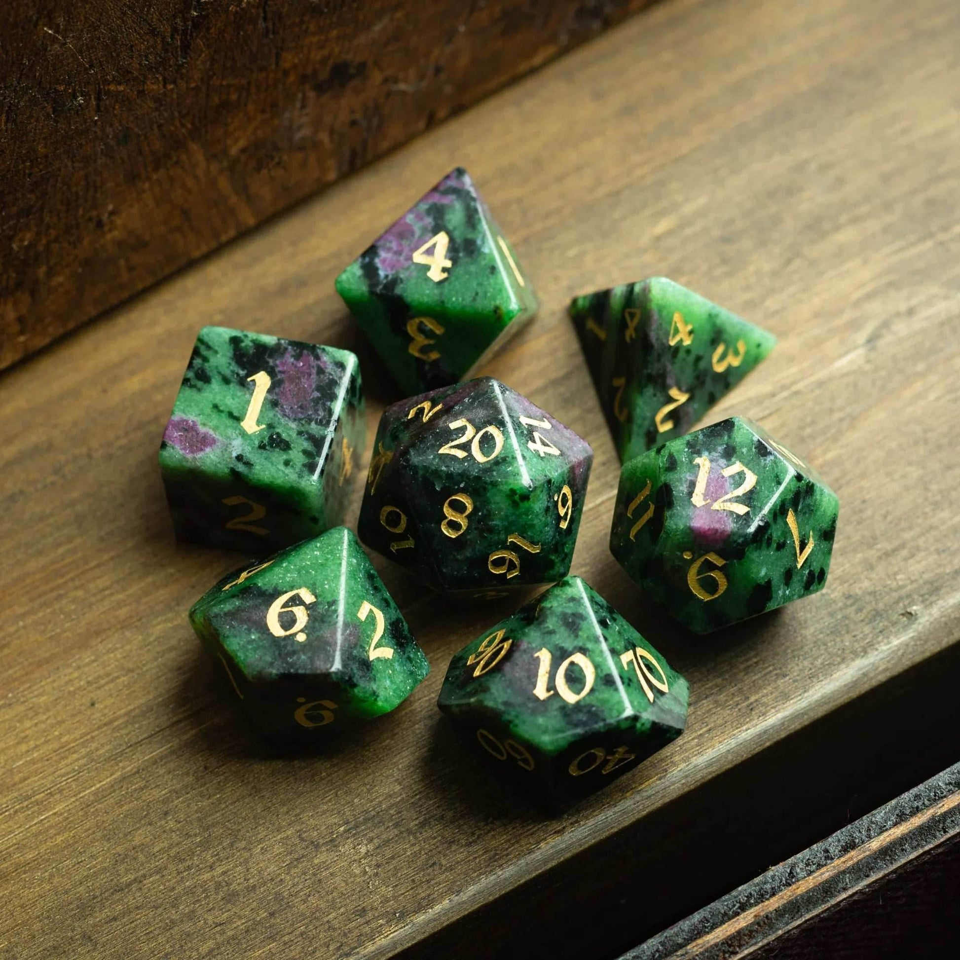 Zoisite Polyhedral Gemstone DND Dice Set - Full Set And Free Dice Box