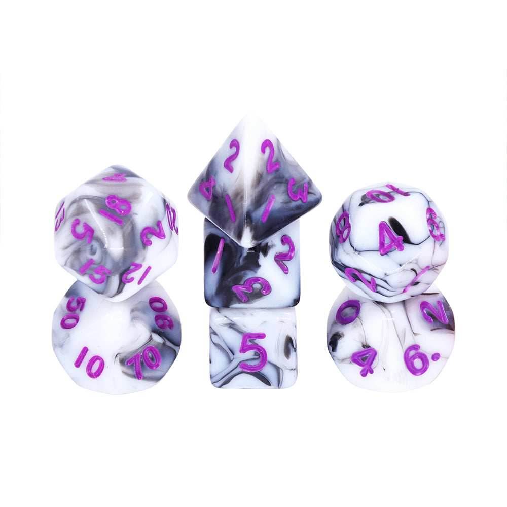 Black White Blend 7-Dice Mini-Dice RPG Set w/Purple Numbers Miniature Dice - 