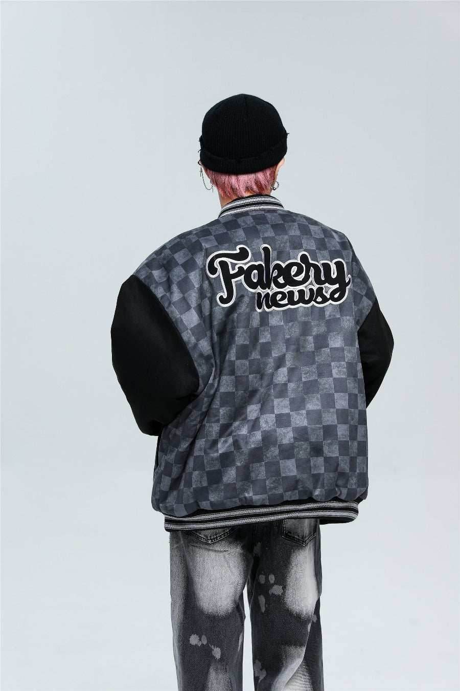 Checkered Winter Bomber Jacket - Grey / S