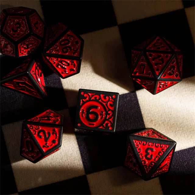 Black with Red Irregular Pattern Fill: 7-Piece Acrylic Dice Set - 