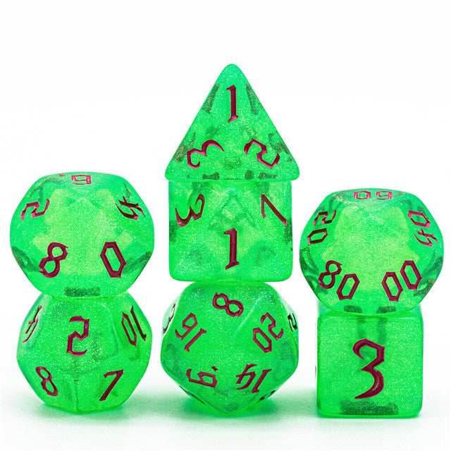 Green Glitter Party Glitter Dice (Pink font) 7-Dice Set RPG DND - 