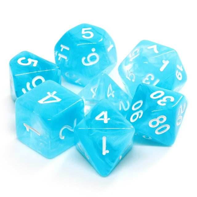 Sky Blue Swirl with White Numbering 7-Dice Set RPG - 
