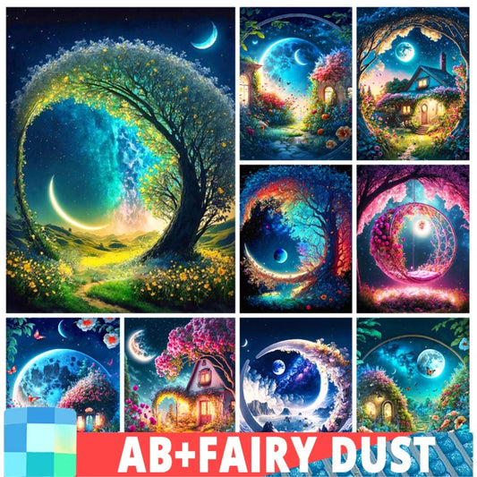 AB Fairy Dust Embroidery Moon Tree Fantasy Landscape DIY 5D Diamond Painting House Cross Stitch Kits Rhinestone Pictures Art