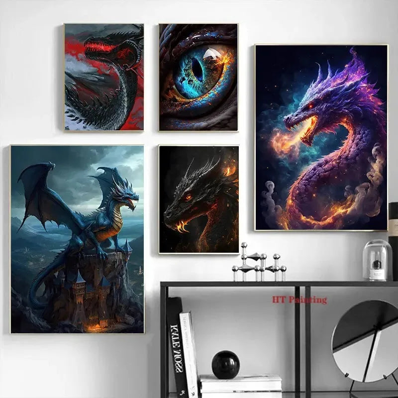 Abstract Fantasy Animals Black Dragon Poster Canvas Painting Oriental Dragon Wall Art Pictures Living Room Home Decor Gift