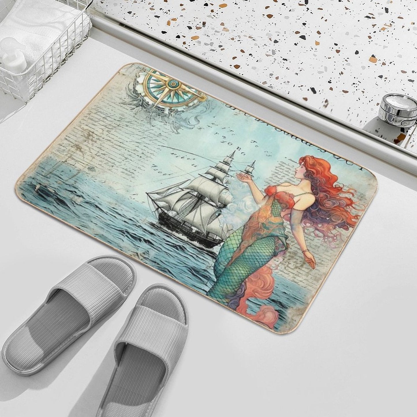 Vintage Mermaid Nautical  Fade-Resistant Bath Mat