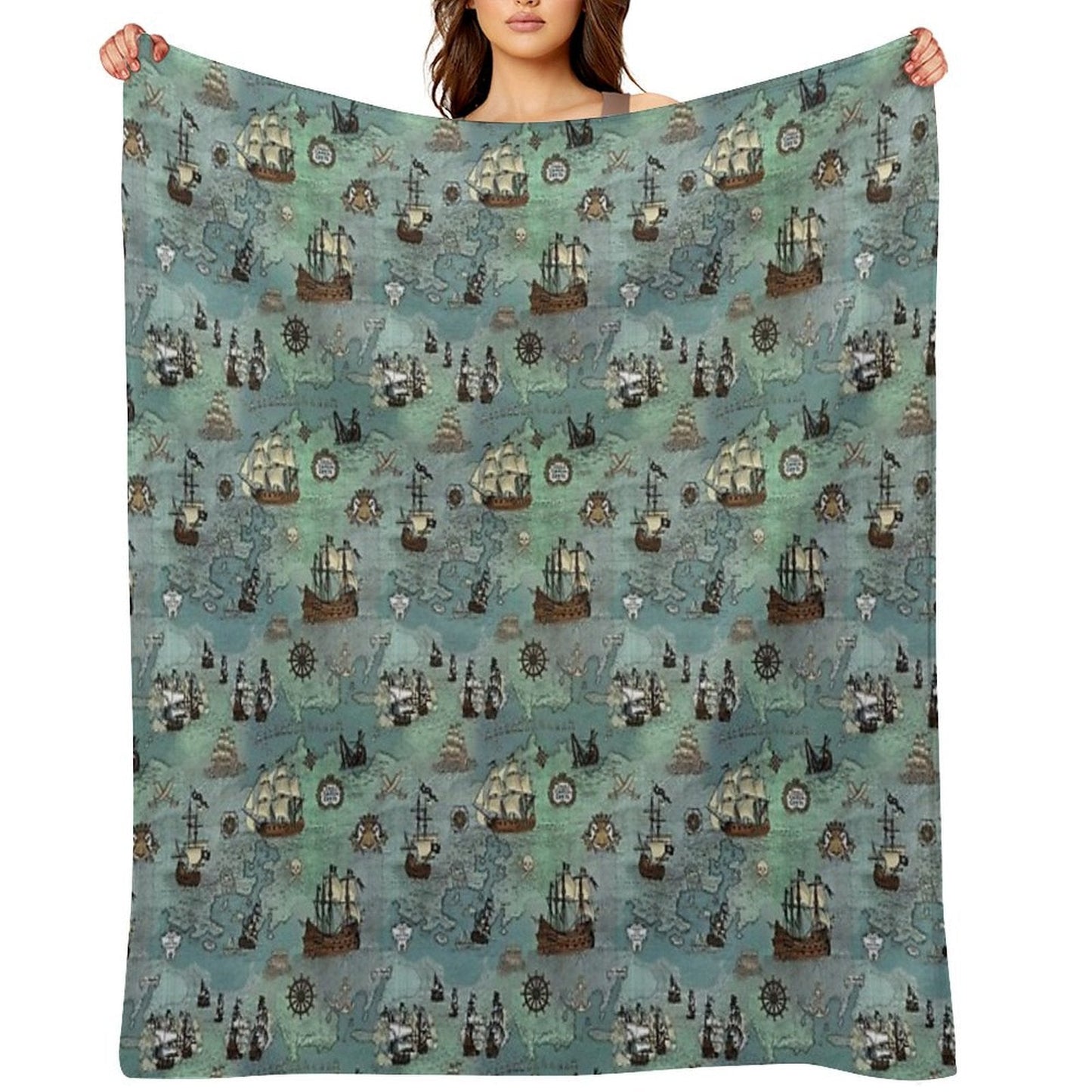 Pirate Map Nautical Sea Print Ocean Blue & Sea Glass Green Throw Blanket
