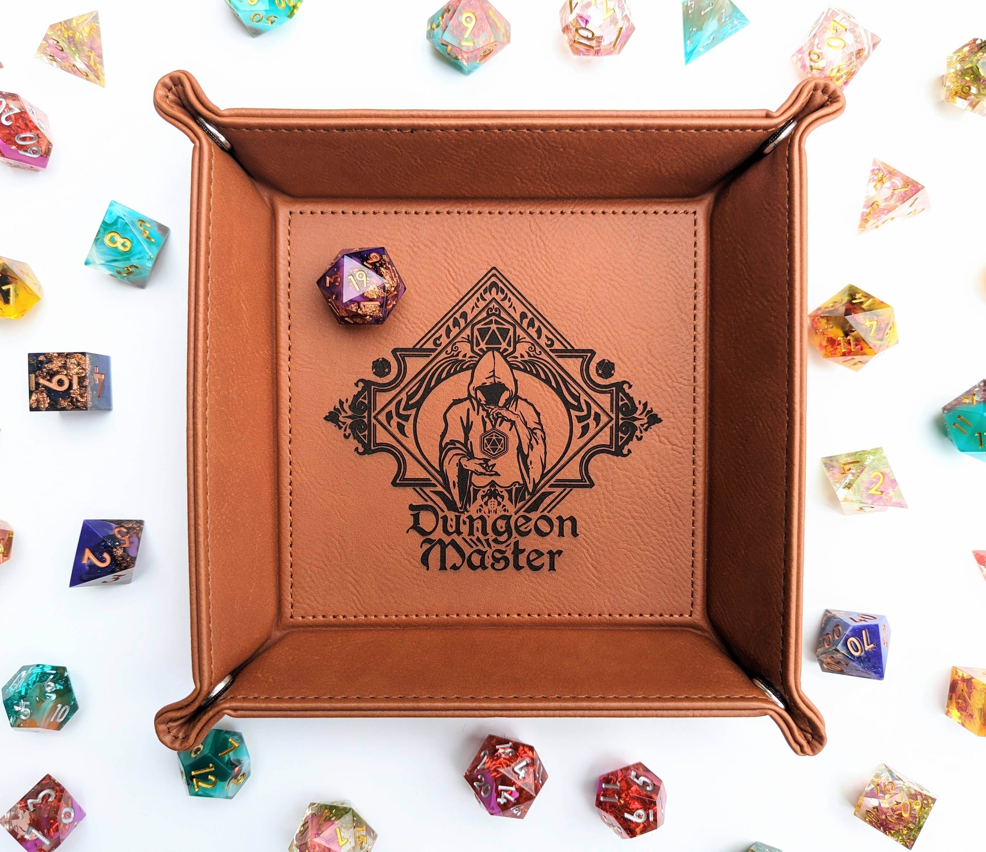 The Fate Twister - D&D Vegan Leather Dice Rolling Tray - Chestnut