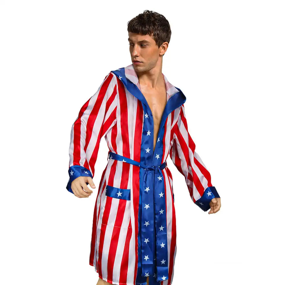 Adult American Flag Boxing Costume with Robe Short Rocky Balboa Boxing Independence Day Cosplay Bathrobe Takerlama