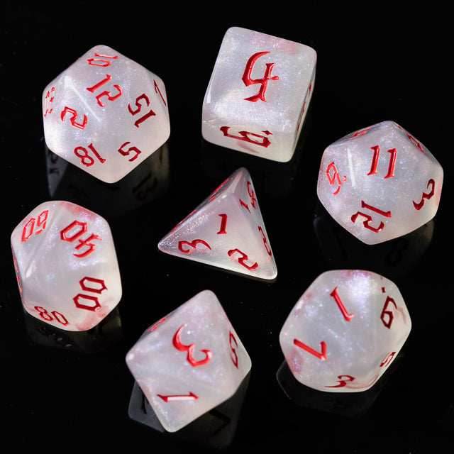Glitter Party White Glitter Dice (Red font) 7-Dice Set - 