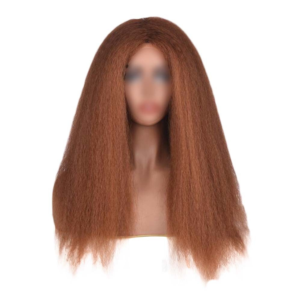 Afro Yaki Hair Straight Curly Wigs Light Coffee Long Full Wig Fluffy Synthetic Hair Wigs for Daily Wear, 24inch