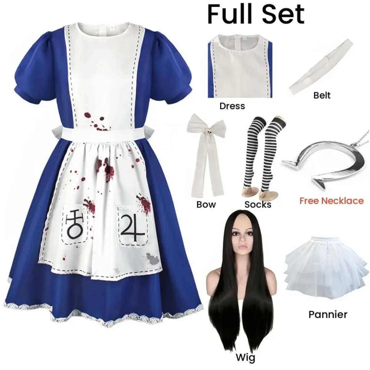 Madness Returns Alice Cosplay Costume Dress with Apron and Wig for Women - XS / Full set