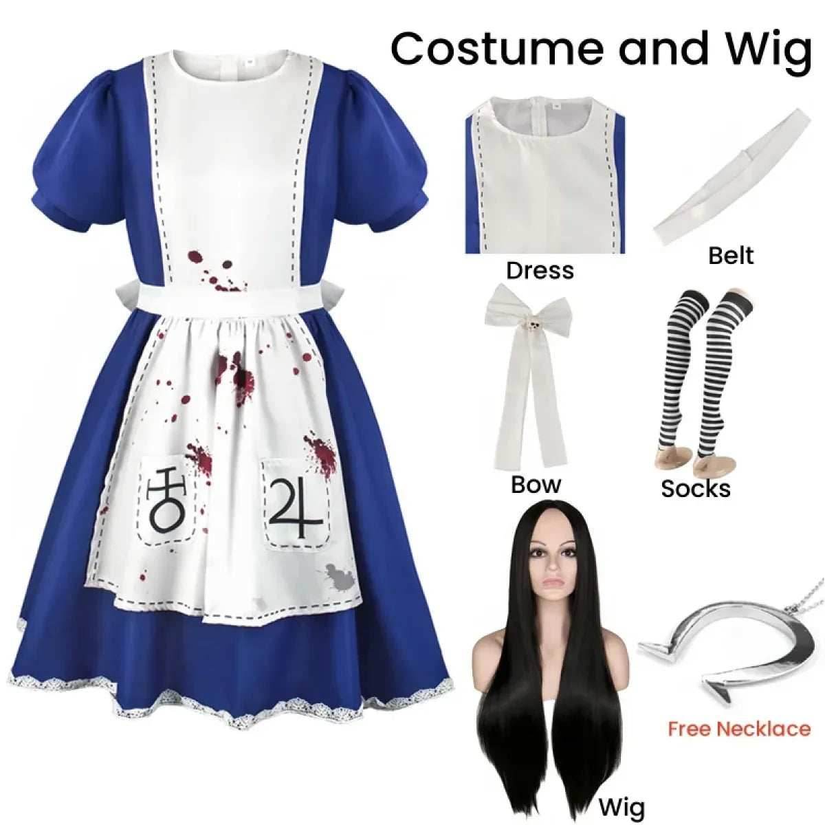 Madness Returns Alice Cosplay Costume Dress with Apron and Wig for Women - XS / Costume and wig