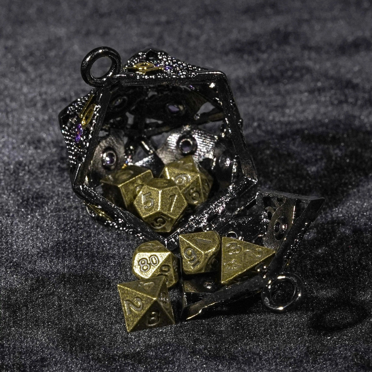 Amethyst Dragon's Eye Metal D20 Dice Cage + Mini Dice Set