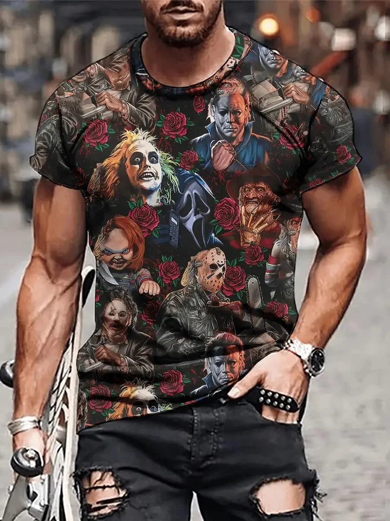 Anime character graphic all over print men's round neck short sleeve T-shirt, casual summer T-shirt, daily wear and vacation