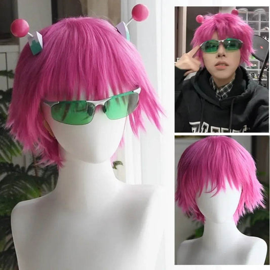 Saiki Kusuo Cosplay Wig – Pink Wig with Hairpins & Green Glasses Set - Wig and Hairpins / One Size