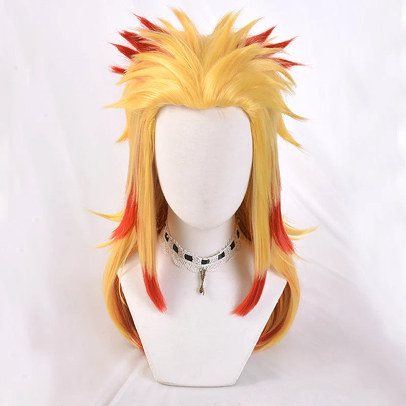 Anime Demon Slayer Rengoku Kyoujurou Blonde Ombre Wig Cosplay Costume Men Women Heat Resistant Pontail Hair Wigs + Wig Cap