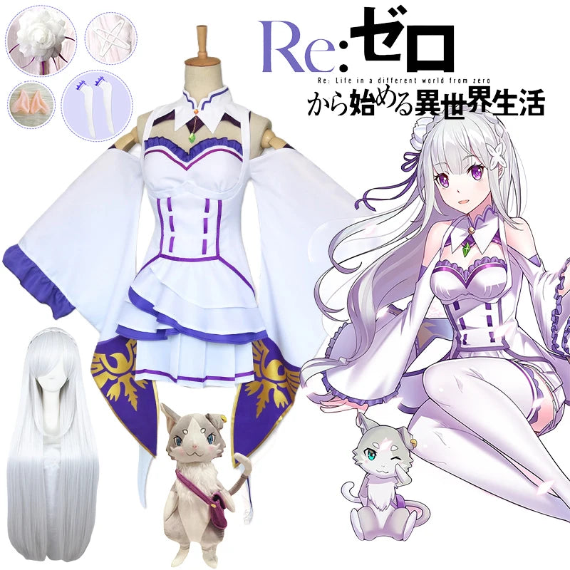 Anime Emilia Cosplay Rezero Costume Doll Re Zero Emilia Cosplay Costume Cloak Dolls Wig Women Dress Halloween Costumes for Women