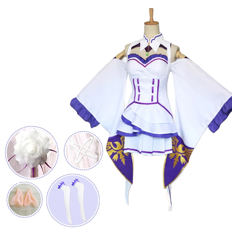 Anime Emilia Cosplay Rezero Costume Doll Re Zero Emilia Cosplay Costume Cloak Dolls Wig Women Dress Halloween Costumes for Women