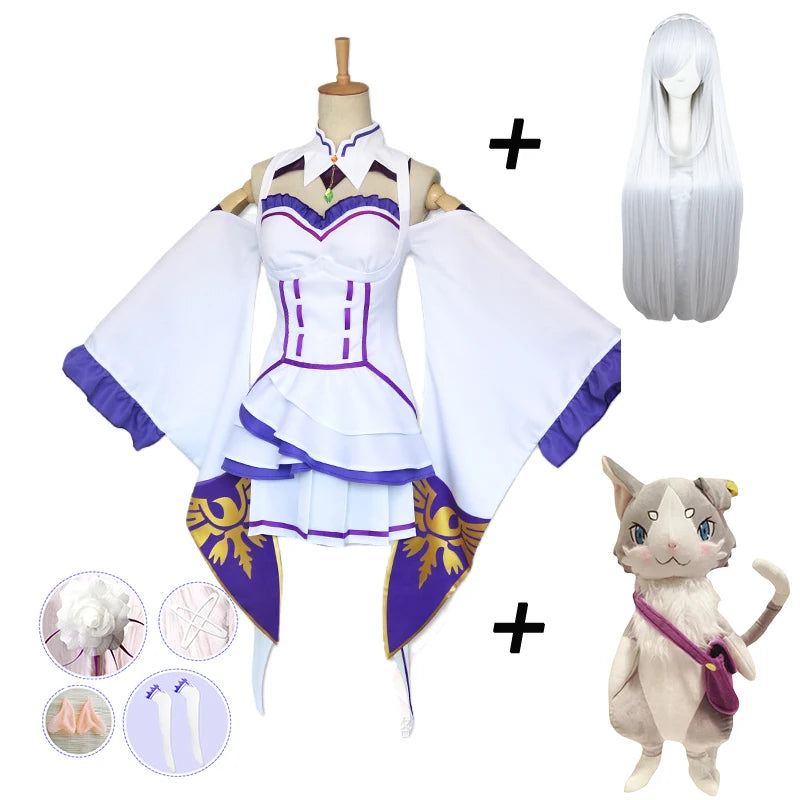 Anime Emilia Cosplay Rezero Costume Doll Re Zero Emilia Cosplay Costume Cloak Dolls Wig Women Dress Halloween Costumes for Women