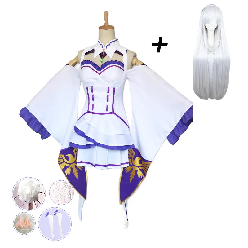 Anime Emilia Cosplay Rezero Costume Doll Re Zero Emilia Cosplay Costume Cloak Dolls Wig Women Dress Halloween Costumes for Women