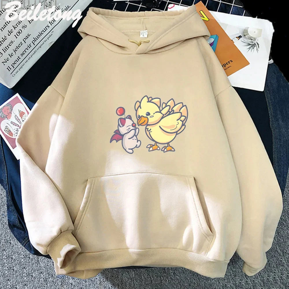 Anime Final Fantasy XIV Hoodie Funny Hoodies Cute Great Moogle and Chocobo Print Sweatshirts Casual Cartoon Autumn Winter Hoodie