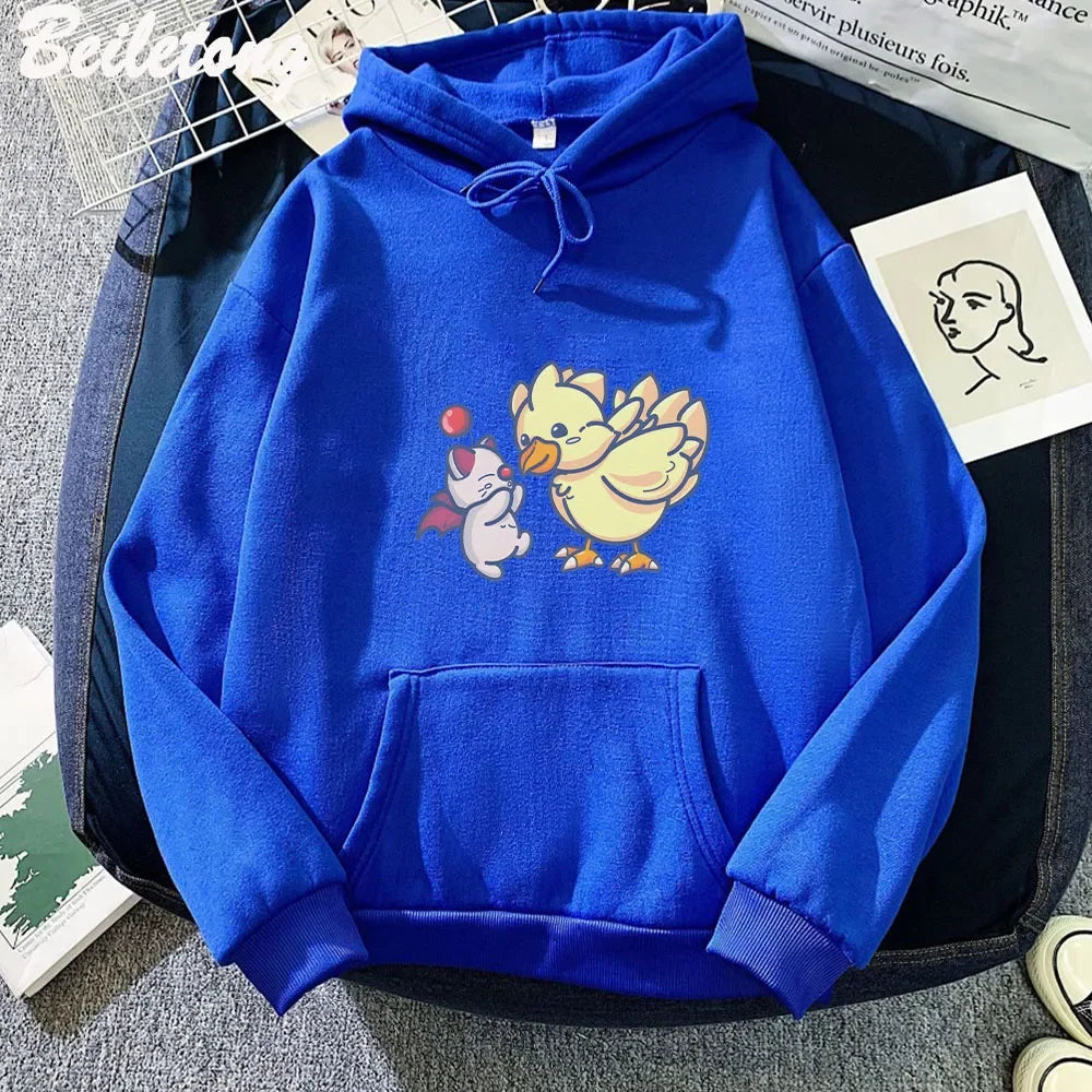 Anime Final Fantasy XIV Hoodie Funny Hoodies Cute Great Moogle and Chocobo Print Sweatshirts Casual Cartoon Autumn Winter Hoodie