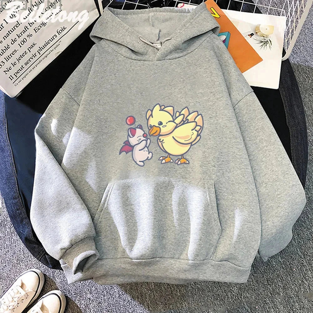 Anime Final Fantasy XIV Hoodie Funny Hoodies Cute Great Moogle and Chocobo Print Sweatshirts Casual Cartoon Autumn Winter Hoodie