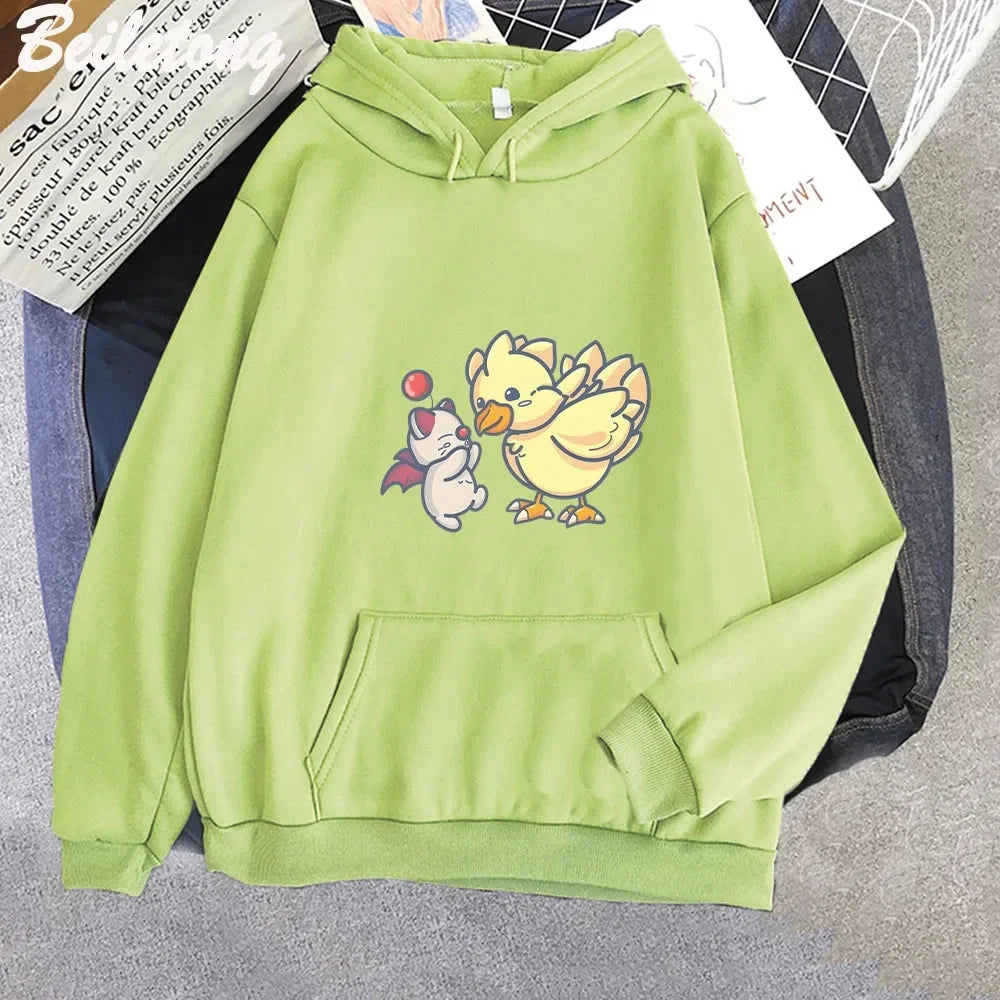 Anime Final Fantasy XIV Hoodie Funny Hoodies Cute Great Moogle and Chocobo Print Sweatshirts Casual Cartoon Autumn Winter Hoodie