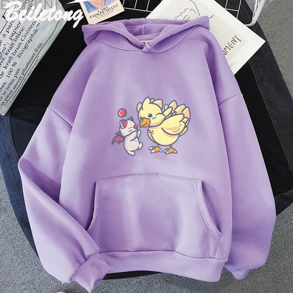 Anime Final Fantasy XIV Hoodie Funny Hoodies Cute Great Moogle and Chocobo Print Sweatshirts Casual Cartoon Autumn Winter Hoodie