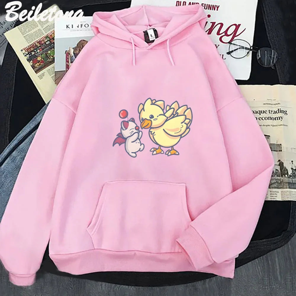 Anime Final Fantasy XIV Hoodie Funny Hoodies Cute Great Moogle and Chocobo Print Sweatshirts Casual Cartoon Autumn Winter Hoodie