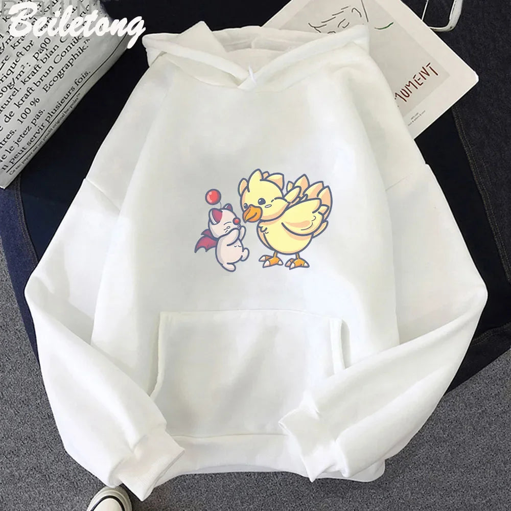 Anime Final Fantasy XIV Hoodie Funny Hoodies Cute Great Moogle and Chocobo Print Sweatshirts Casual Cartoon Autumn Winter Hoodie