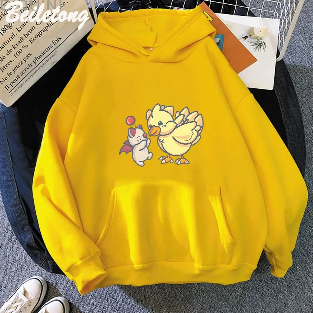 Anime Final Fantasy XIV Hoodie Funny Hoodies Cute Great Moogle and Chocobo Print Sweatshirts Casual Cartoon Autumn Winter Hoodie