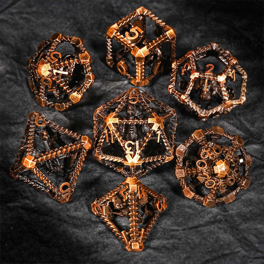 Antique Gold Metal Hollow 3D Dragon D&D Dice Set