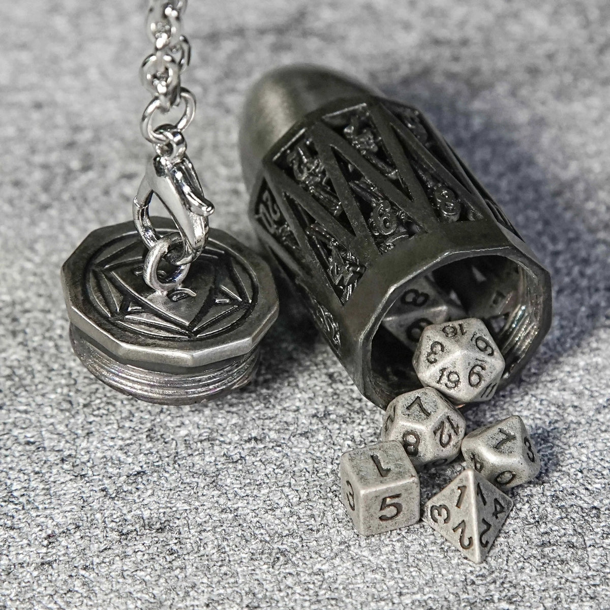 Antique Nickel Bullet Hollow Metal D20 Dice Cage Necklace + 7 Mini Metal Dice Set