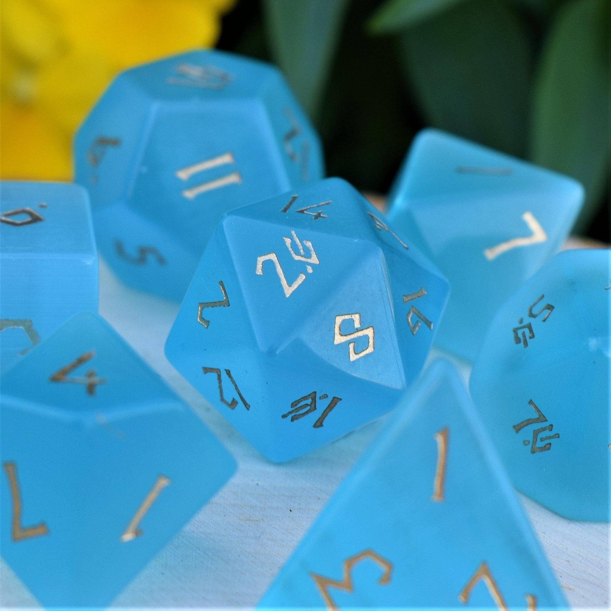 Aqua Blue Cat's Eye Stone Dice Set