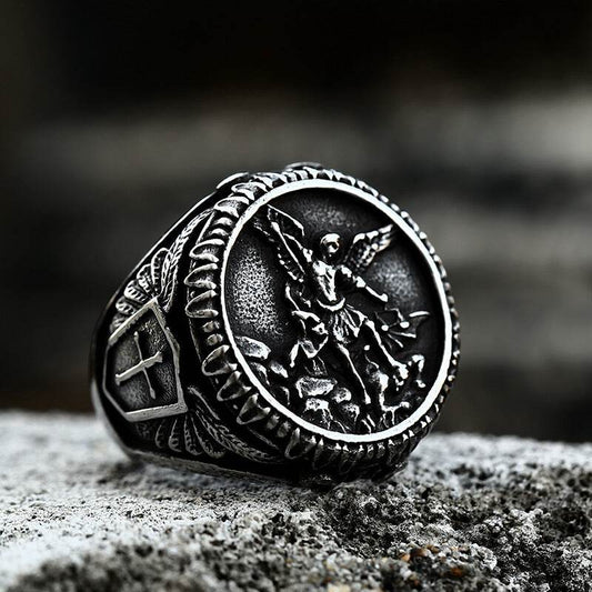 Archangel Saint Michael Stainless Steel Men’s Ring Handcrafted - Stainless Steel / 7