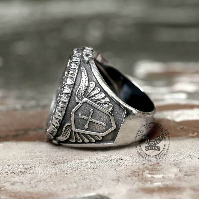 Archangel Saint Michael Stainless Steel Men’s Ring Handcrafted - Stainless Steel / 7