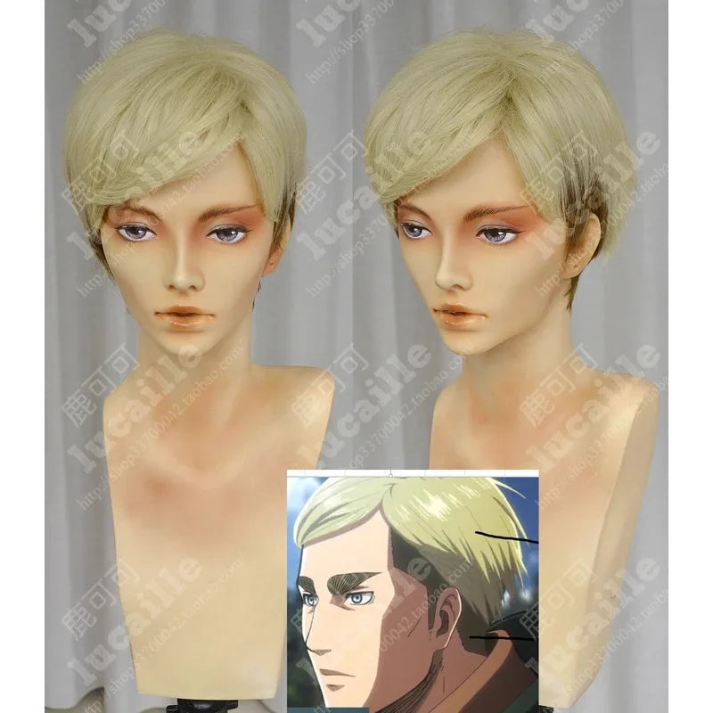 Attack on Titan Erwin Smith Short Light Blonde Ombre Cos Hair Heat Resistance Cosplay Costume Wig + Track + Cap