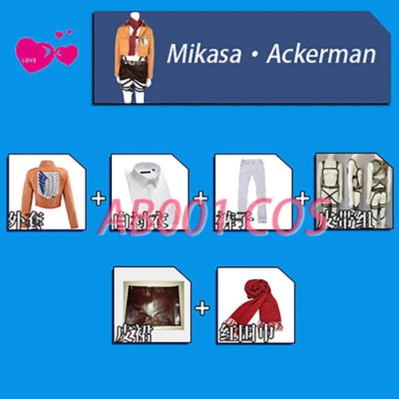 Attack on Titan Mikasa Ackerman Short Bob Black Shingeki no Kyojin Cosplay Costumes Full Set Halloween Anime Clothes