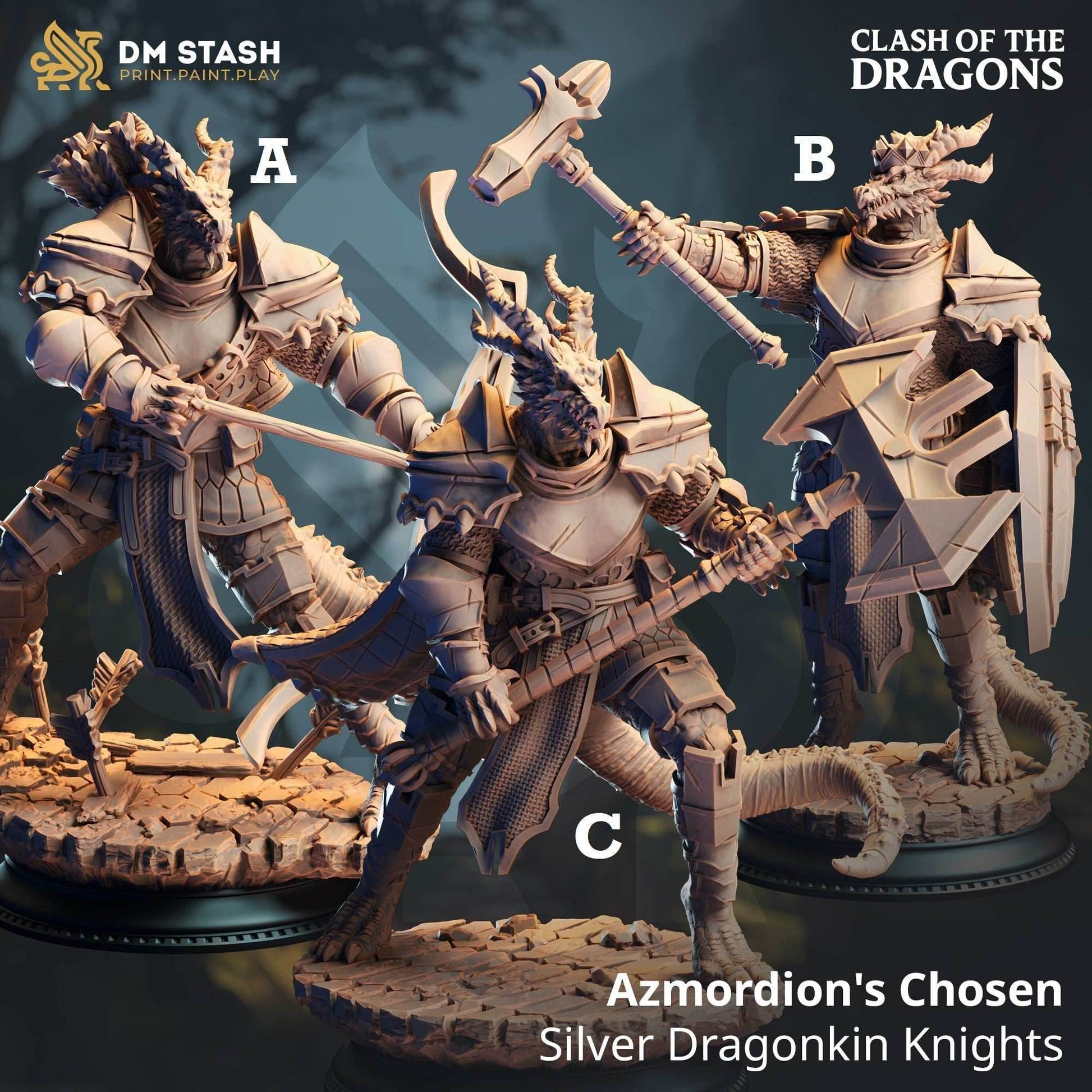 Azmordion's Chosen, Silver Dragonkin Knights (Dragonborn Paladins) - 32mm Scale / A - Archer