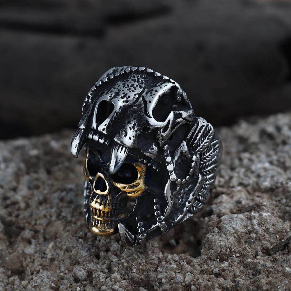 Aztec Jaguar Warrior Stainless Steel Skull Ring - Silver / Gold / 7