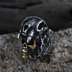 Aztec Jaguar Warrior Stainless Steel Skull Ring - Silver / Gold / 7