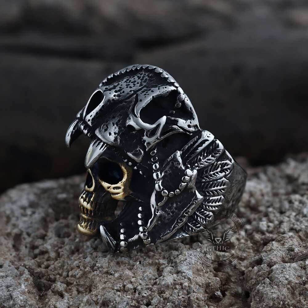 Aztec Jaguar Warrior Stainless Steel Skull Ring - Silver / 7