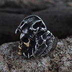 Aztec Jaguar Warrior Stainless Steel Skull Ring - Silver / 7