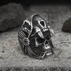 Aztec Jaguar Warrior Stainless Steel Skull Ring - Silver / 7