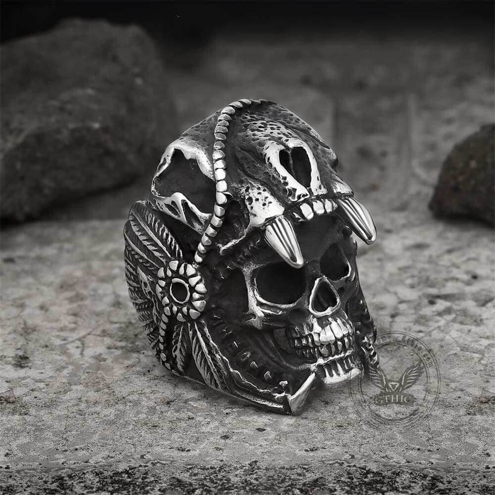 Aztec Jaguar Warrior Stainless Steel Skull Ring - Silver / 7