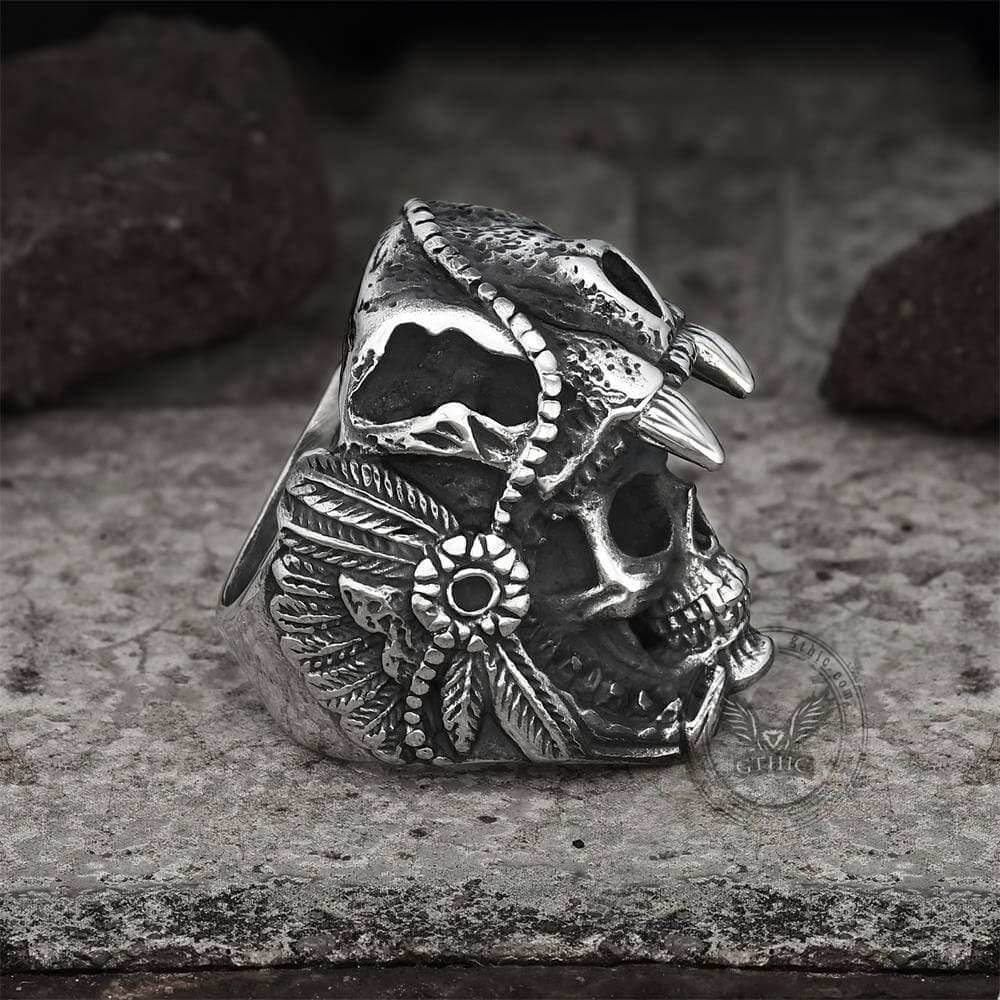 Aztec Jaguar Warrior Stainless Steel Skull Ring - Silver / 7