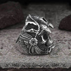Aztec Jaguar Warrior Stainless Steel Skull Ring - Silver / 7
