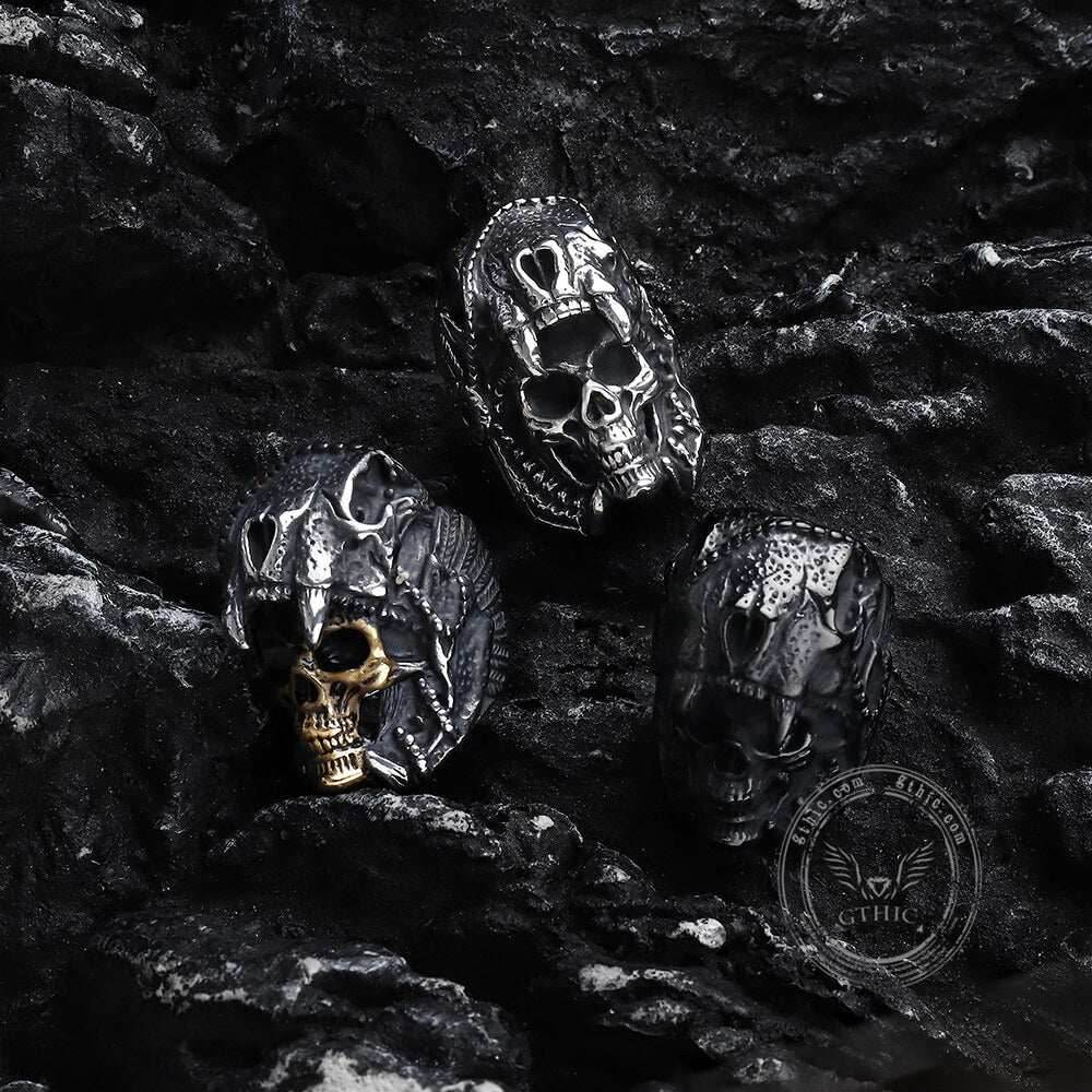 Aztec Jaguar Warrior Stainless Steel Skull Ring - Silver / 7